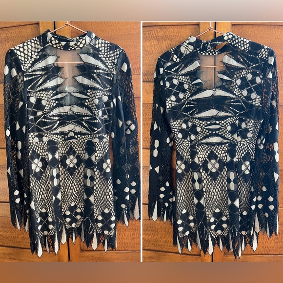 🐈‍⬛Deco Lace Mini Dress Black & Tan Patterned Lace—Free People/Urban Outfitters - Picture 4 of 17